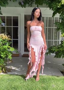 y2k pink ruffle tube dress