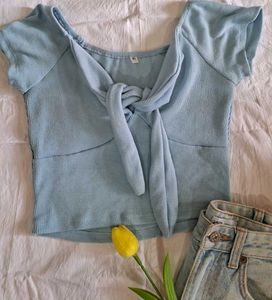 Blue Tie-Front Crop Top