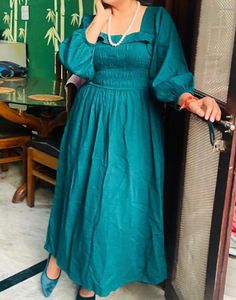 Emerald Green Smocked Square Neck Dress