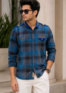 Funky Junky Premium Men Blue Checkered shirt