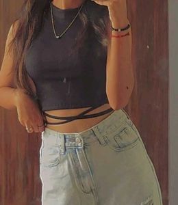 Black Ribbed Crop Top with Tie Detail
