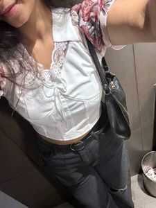 Chic White Lace Trim Corset Top