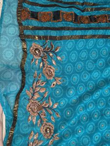 Beautiful Teal Saree with Gold &amp; Brown Embellishme
