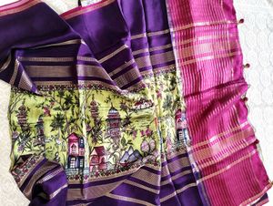 unique Saree with Village Scene Print