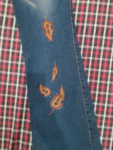 Flared Whimsical Autumn Inspired Leaf Design Jeans