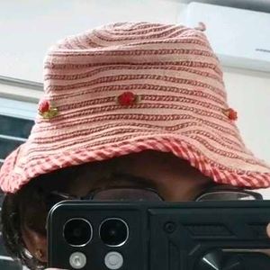 Red &amp; White Striped Bucket Hat with Flower Accents
