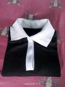 Chic Black Ribbed Collared Top
