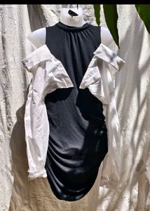 Chic Black Ruched Dress with White Shirt Overlay