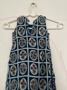 Blue Block Print Kurta with Tassels