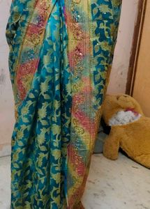 beautiful tissue fabric Embroidered Teal Blue Sare