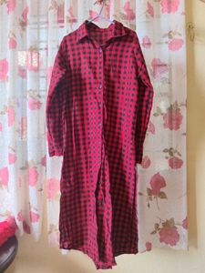 Red &amp; Black Checkered Maxi Shirt Dress(side slit)