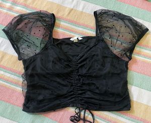 H&M Black Crop Top With Sheer Overlay