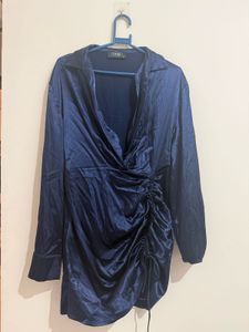 CIDER Navy Satin Ruched Dress