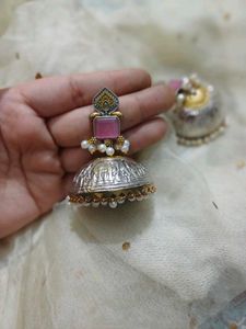 Pink stone brass dual Jhumka Earrings