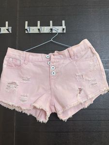 Pink Distressed Denim Shorts