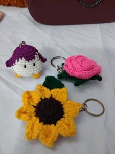 Crocheted Keychain Set - Mushroom, Rose, Sunflower