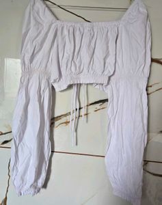 White Puff Sleeve Tie-Front Crop Top