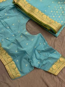 Elegant Blue Saree with Gold Border