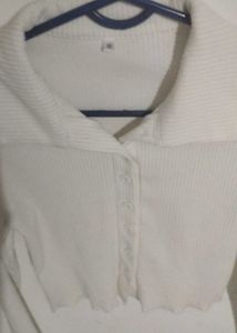 Ribbed Collared Button-Up Top