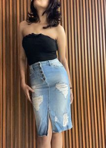 Distressed Denim Midi Skirt
