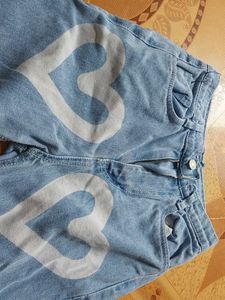 Blue Heart Print Wide Leg Jeans (High Waist)