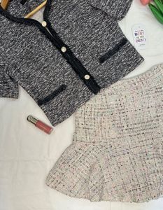 Tweed Cropped Short Sleeve Jacket With Skirt Coord