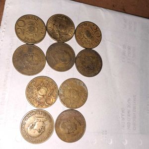 10 brass twenty paisa coins