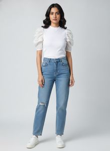 White Puff  Top &amp; Denim combo set