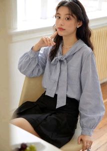 New with tag Korean Chic Blue Bow Tie Neck Blouse