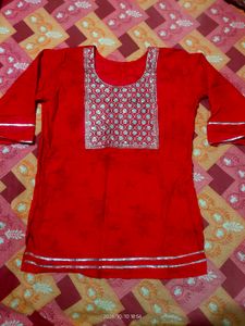 Red Short Kurti with Embroidery