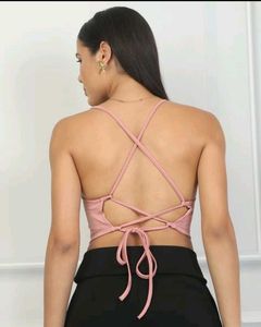 Pink Ribbed Halter Neck Crop Top