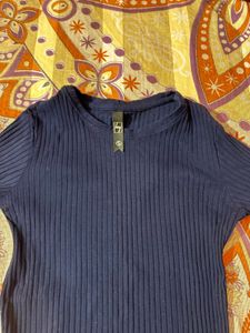 Navy Blue Ribbed Lettuce Trim Top