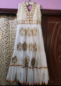 Elegant White &amp; Gold Anarkali Dress