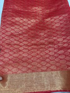 Vibrant Red Saree with Golden Border