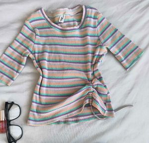 Striped Ruched Tie-Front Top