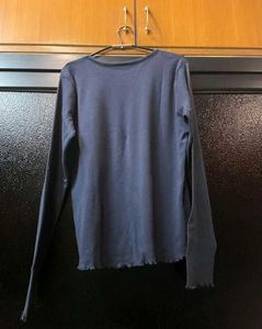 Navy Blue Long Sleeve Lettuce Hem Top
