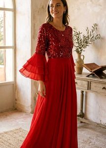 Red Sequin Sleeve Maxi Dress