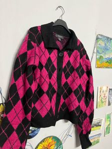 Argyle Knit Cardigan🩷🖤Free size 34+
