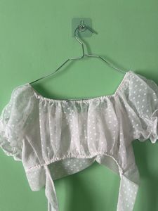 White Sheer Polka Dot Crop Top with Tie