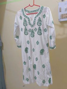 White Kurta with Green Paisley Print