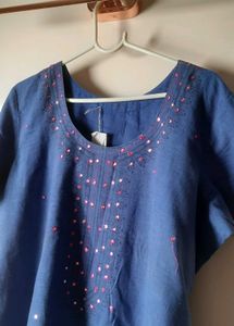 Blue cotton real mirror work Kurta with bottom