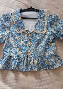 Blue Floral Ruffle Peplum Top