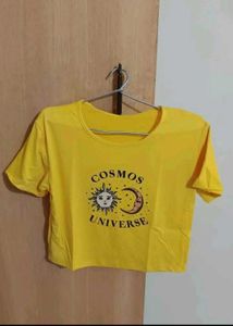 New Women Round Neck Polyester Yellow T-Shirt