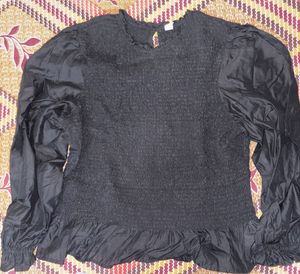 Chic Black Smocked Puff Sleeve Top