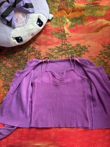 Purple Ribbed Cardigan &amp; Camisole Set