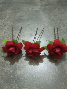 Set of 3 Red Rose Hair Pins
