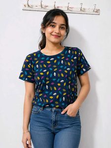Stylish Navy Leaf Print T-Shirt