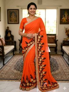 Vibrant Orange Embroidered Saree