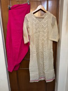 🆕Beige &amp; Pink Embroidered Kurta Set with Dupatta