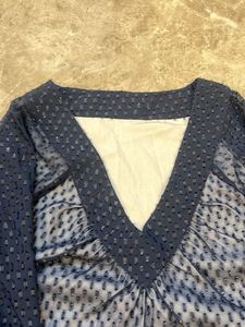 Navy Blue Sheer Textured V-Neck Top